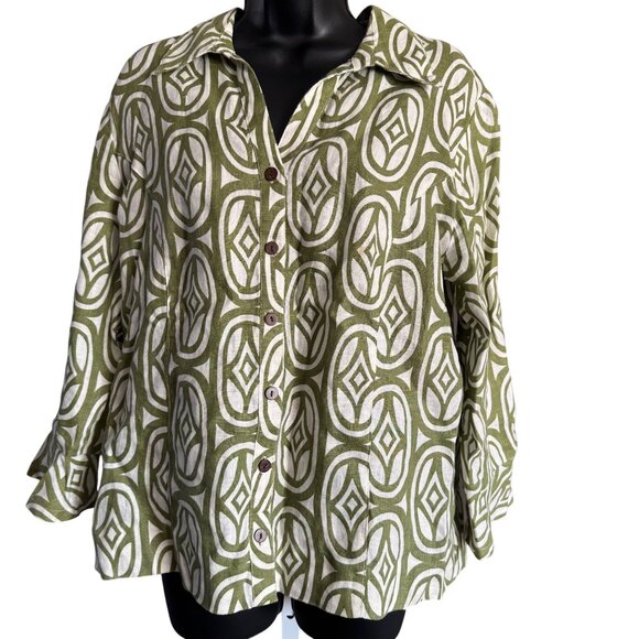 Linen Shirt 12 Green White Geometric Print Button-Up By JM Collection - Picture 1 of 9